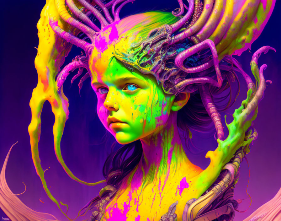 Vibrant digital artwork of girl with antler-like horns on purple background