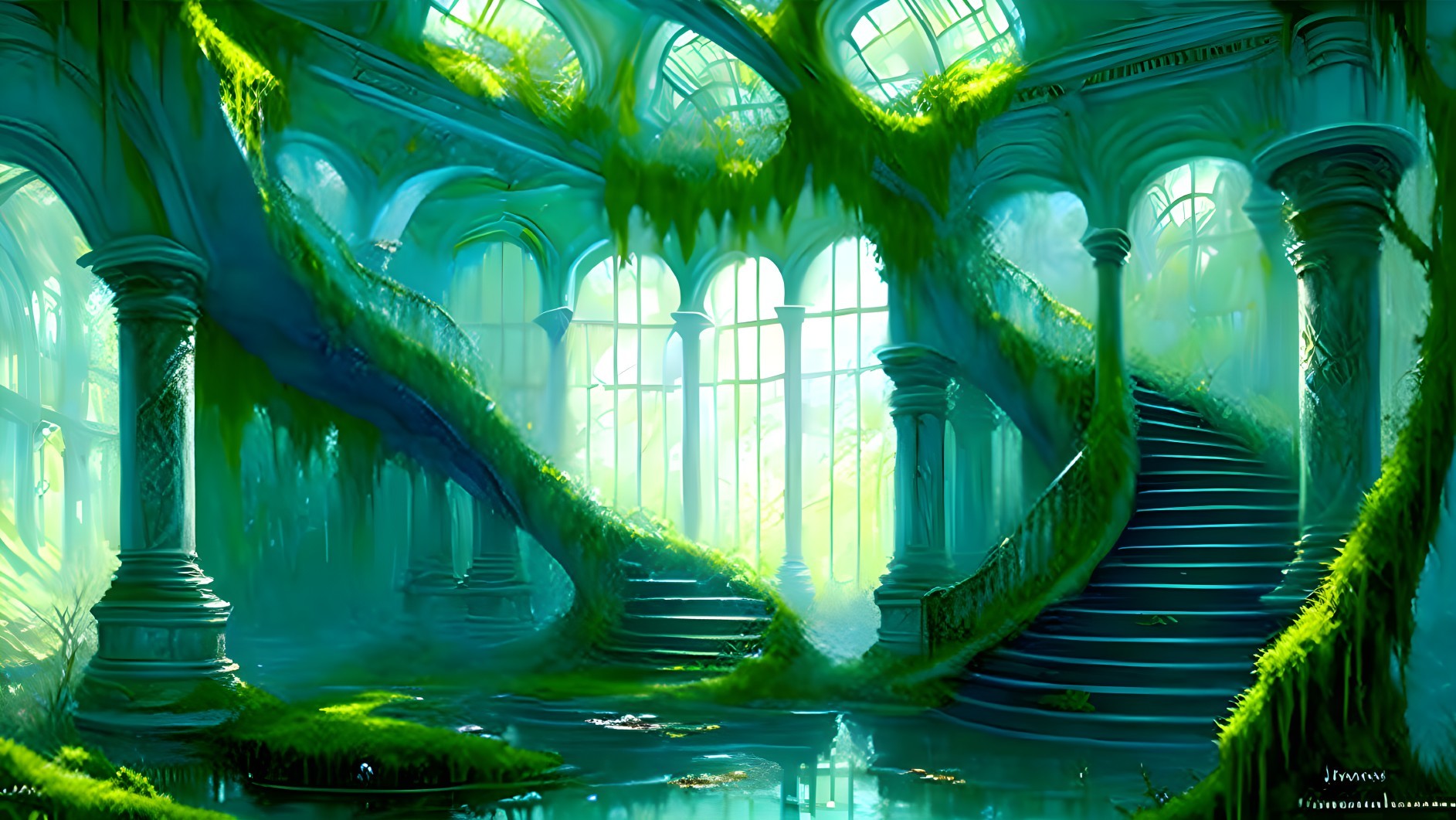 Green-hued forest with vines, staircase, and glass structure.