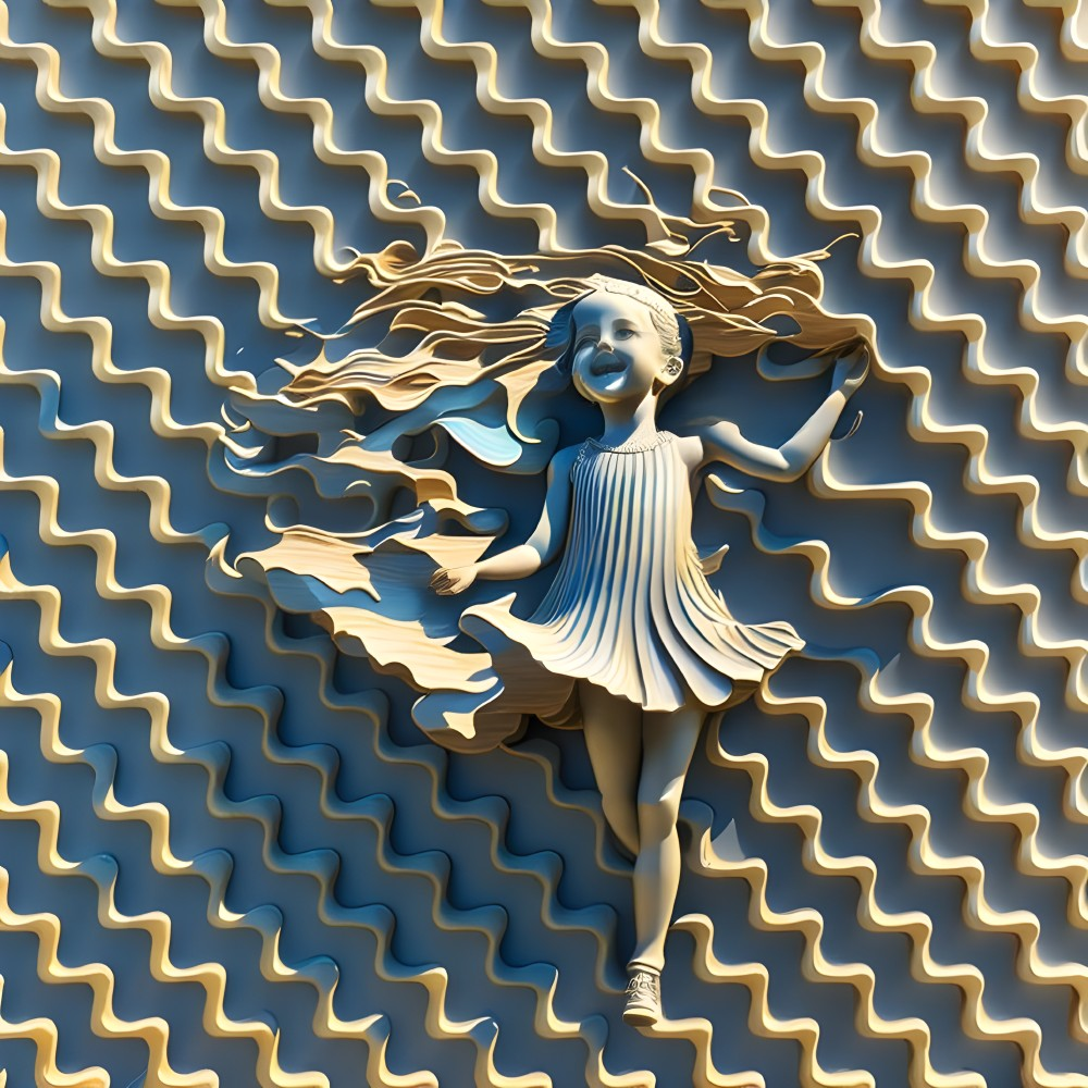 Joyful 3D Figure of Girl Dancing on Blue Wavy Background