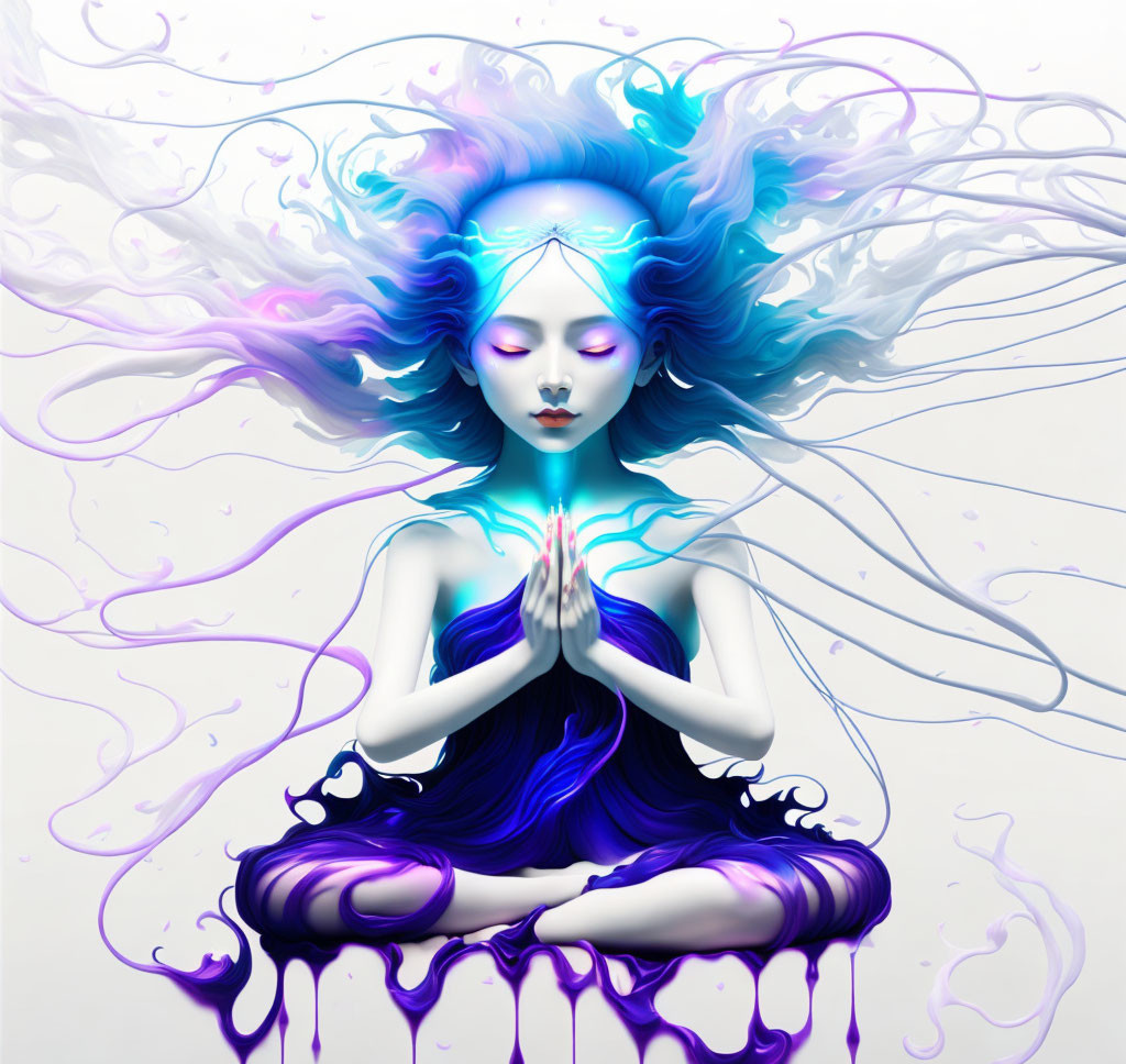 Surreal illustration of woman meditating with blue and purple hues