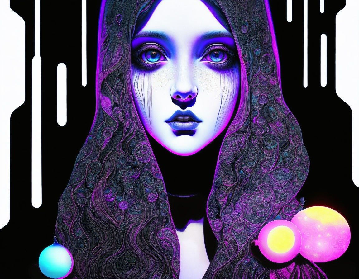 Colorful digital artwork: Female figure in purple hues, blue eyes, hood, neon drips,