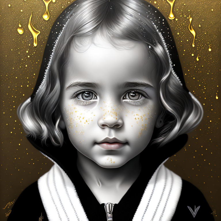 Young Child with Sparkling Freckles in Hoodie on Golden Speckled Background