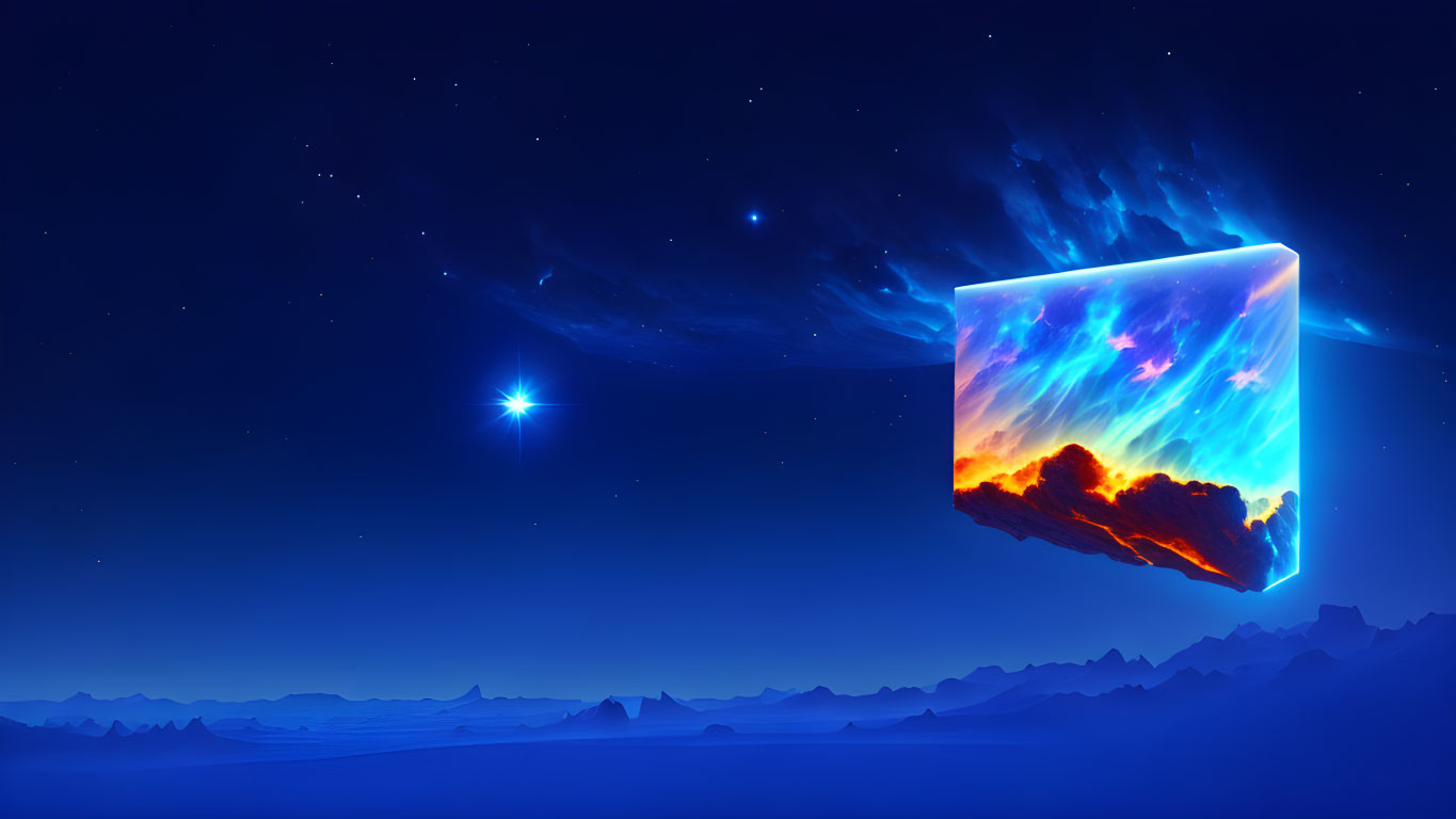 Luminous cube in starry sky above mountain silhouettes