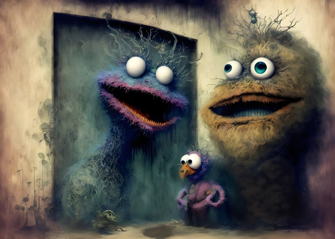 Three whimsical monsters with large googly eyes and fuzzy bodies near a mysterious door in a surreal setting