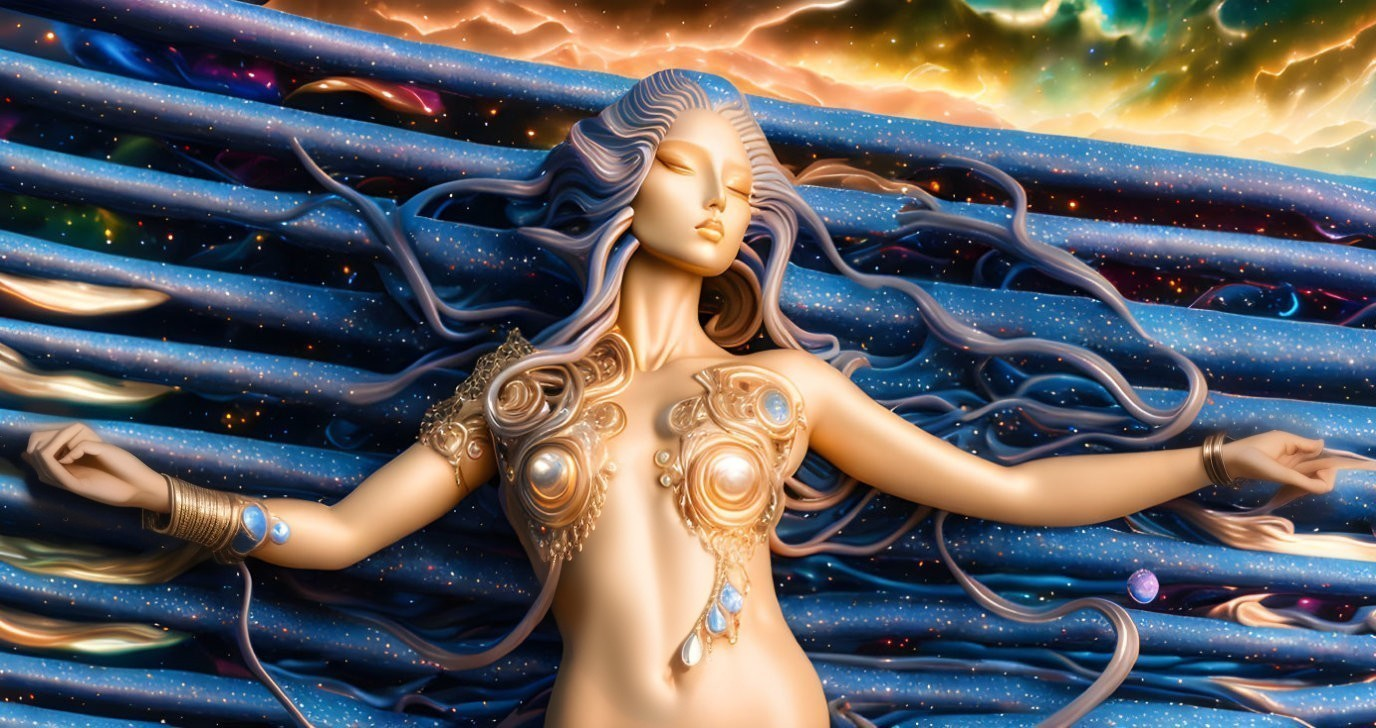 Surreal image of woman with flowing hair in cosmic setting