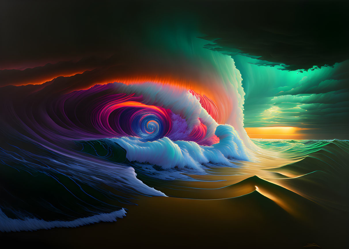 Surreal digital artwork: Large wave with spiraling center, vibrant sunset backdrop