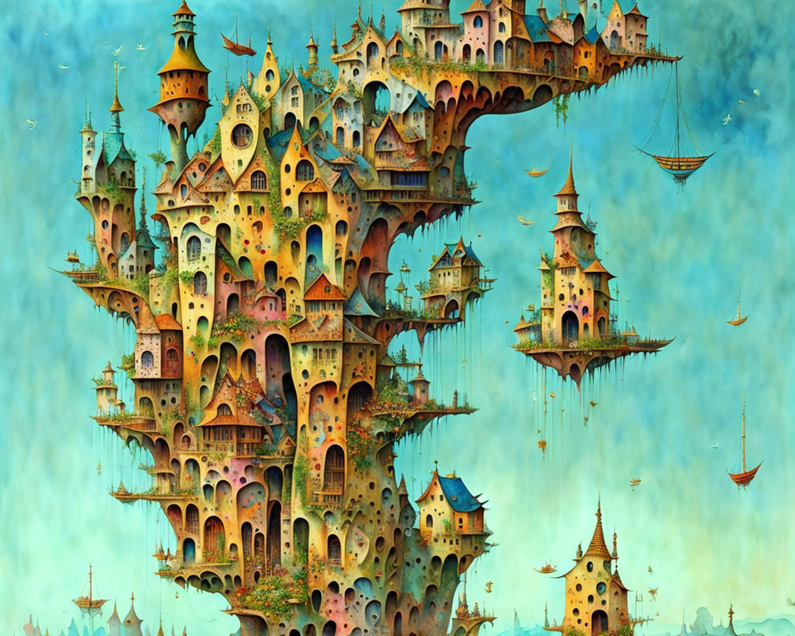 Floating City with Multi-Tiered Castles and Sailing Ships