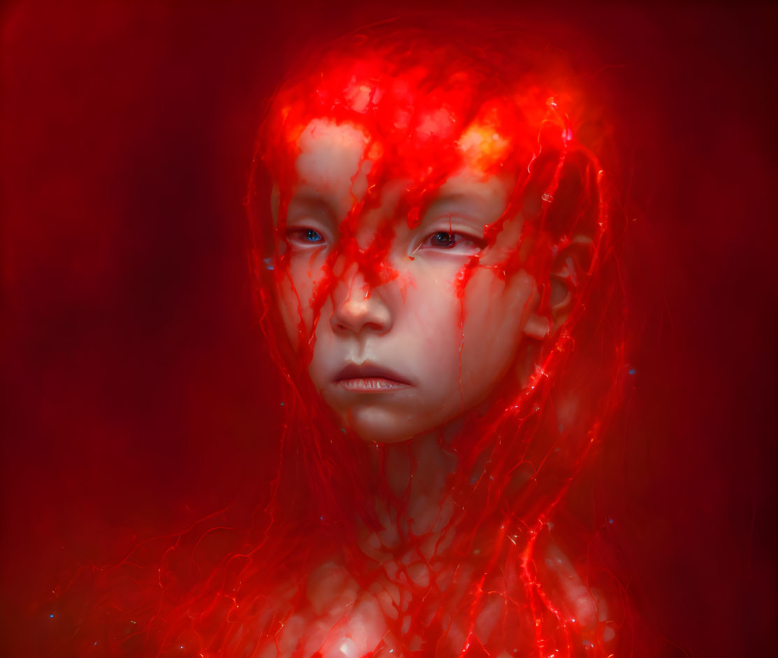 Child portrait with somber expression and vibrant red flowing textures