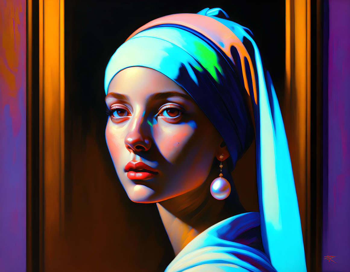 Vividly colored portrait of a woman with blue headscarf and pearl earring.