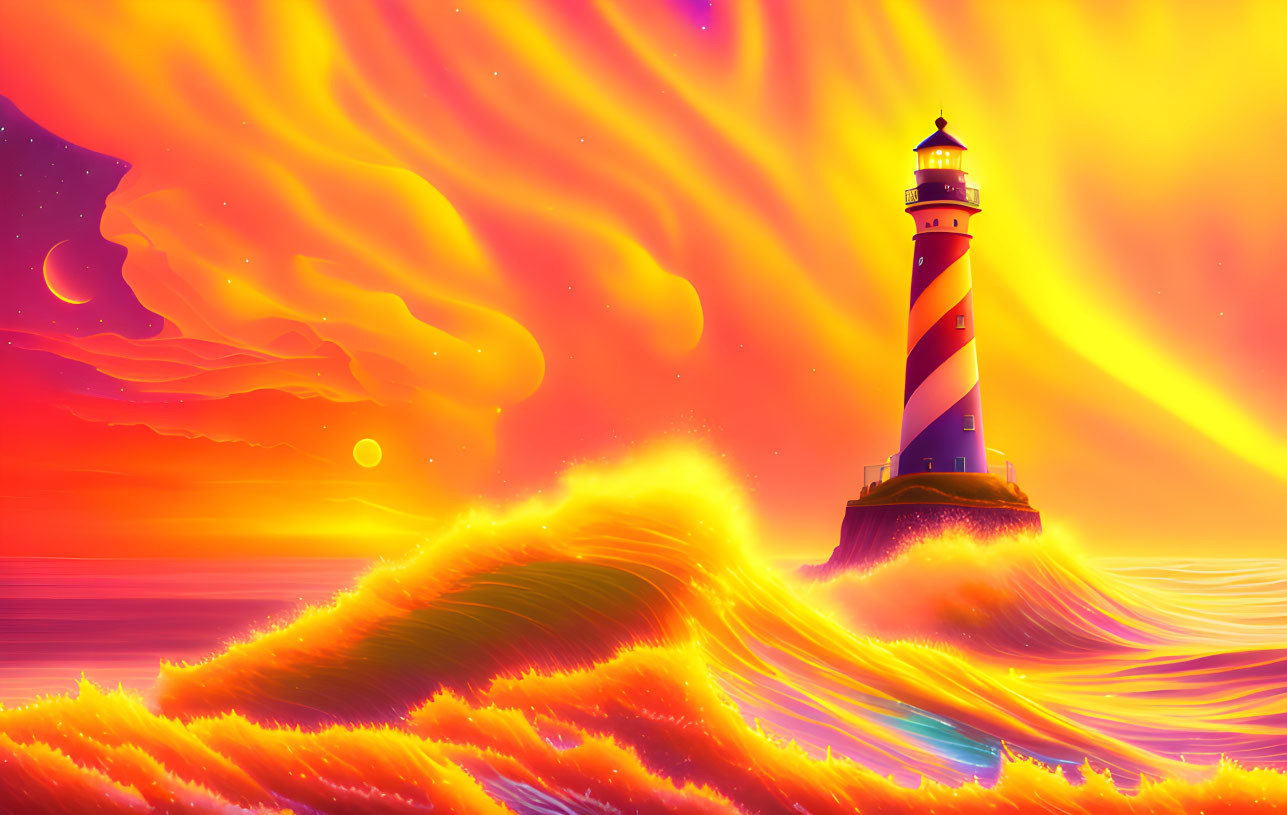 Colorful digital artwork: Lighthouse on rocky outcrop, fiery waves, surreal sky.