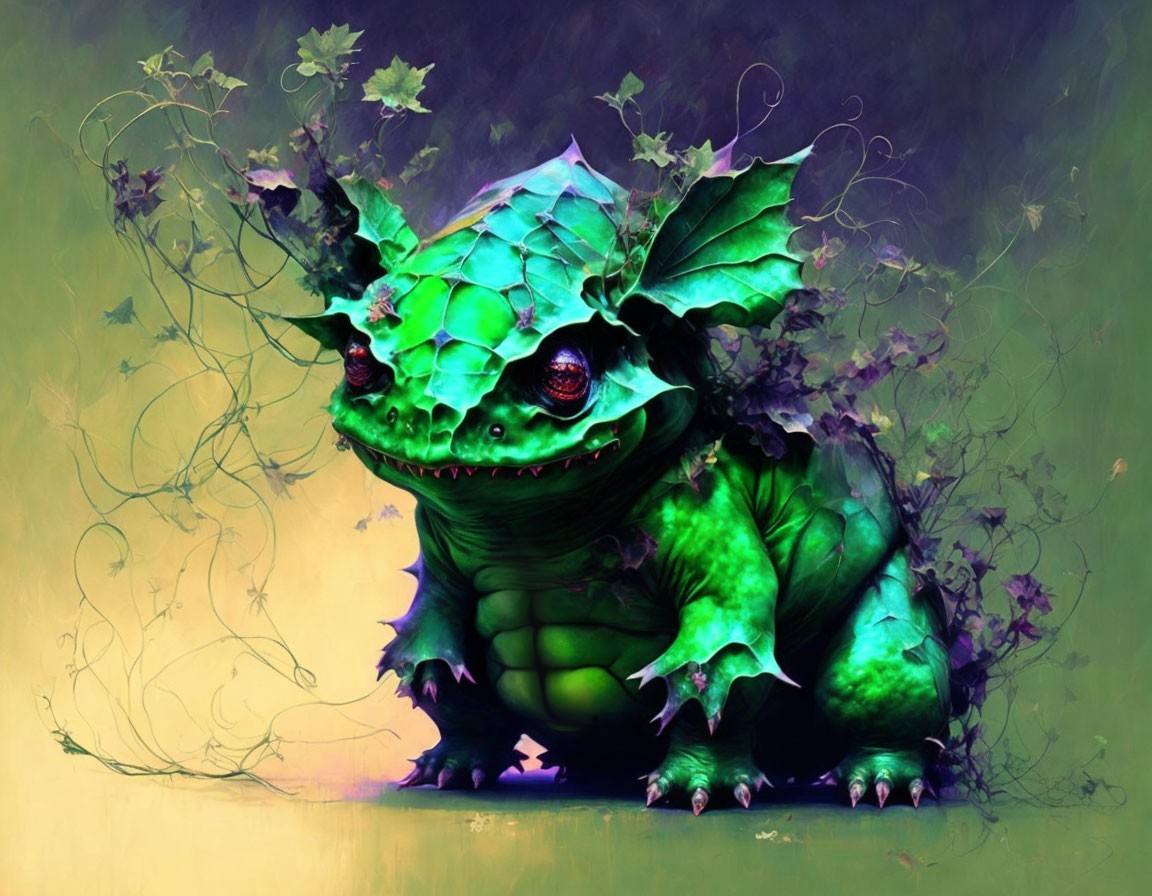 Whimsical green dragon with leafy wings in digital artwork