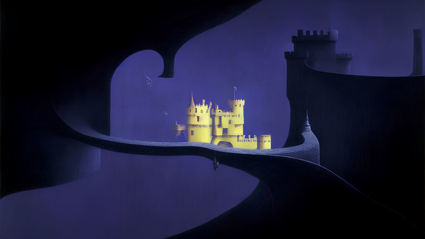 Surreal blue landscape with yellow castle and silhouetted figure