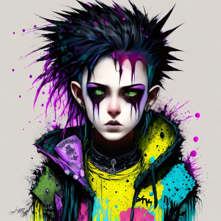 Illustration of person with punk aesthetic: spiked black hair, purple eye makeup, yellow & blue jacket