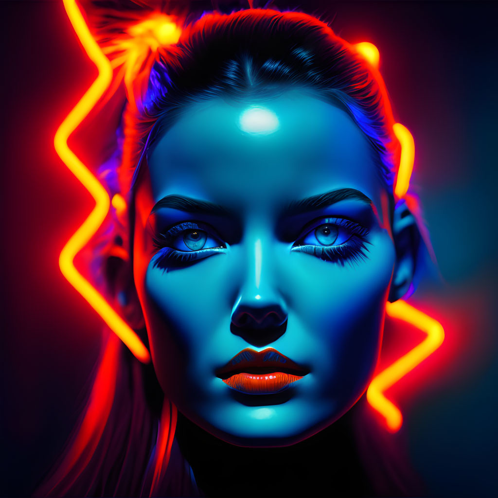 Portrait of a woman with blue and red neon lighting on dark background