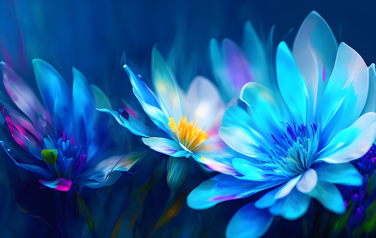 Luminescent blue flowers in vibrant digital art