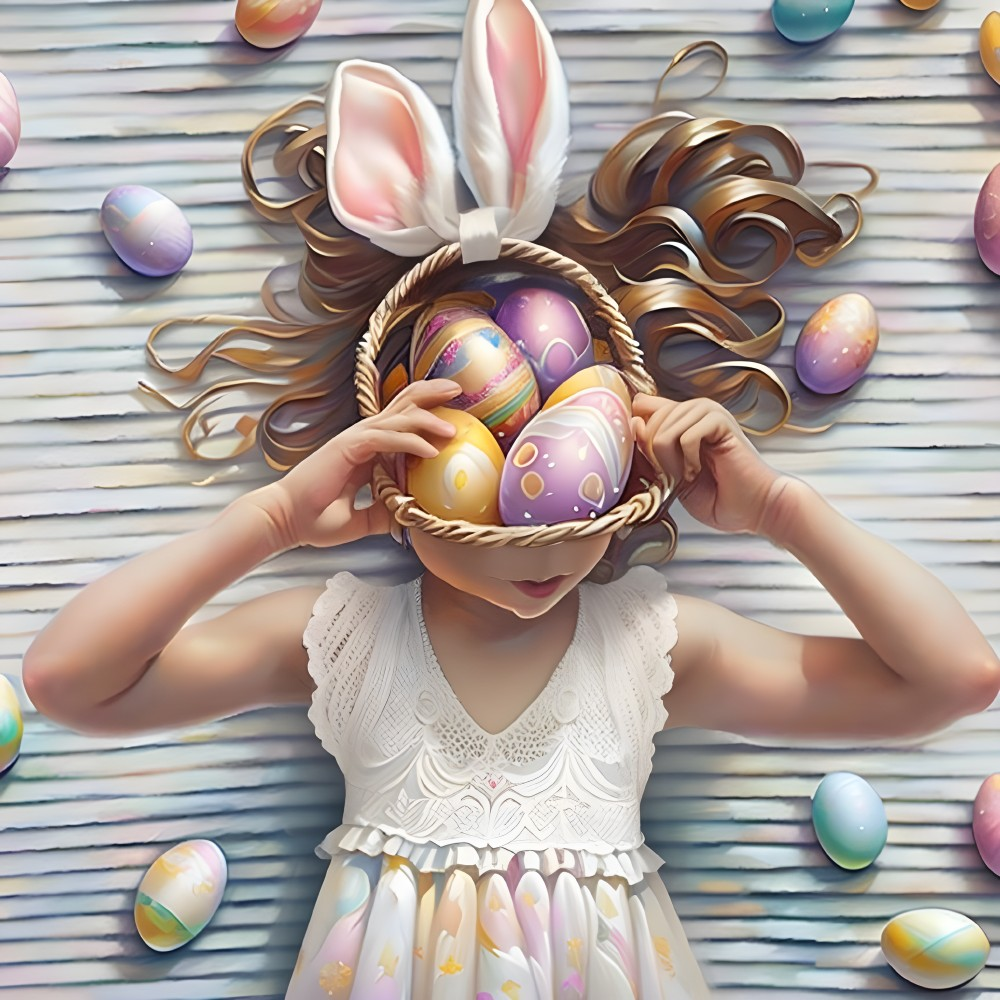 Girl in white dress with bunny ears holding colorful eggs on striped floor for Easter.