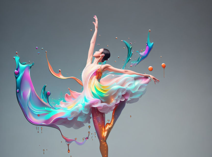 Colorful Dress Dancer Transforms into Liquid Splashes