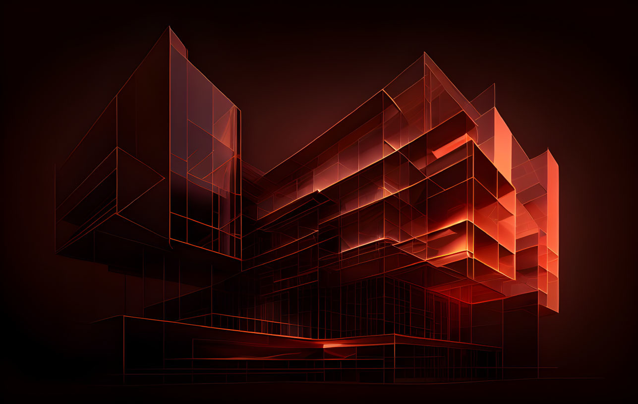 Abstract geometric architectural structure with red and orange illuminated lines on dark background