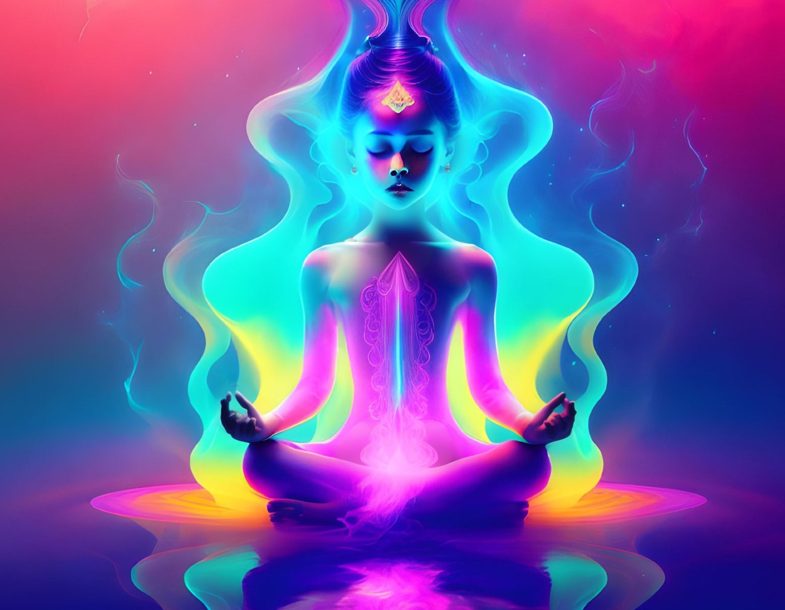 Colorful digital artwork: Meditating figure with aura on radiant background