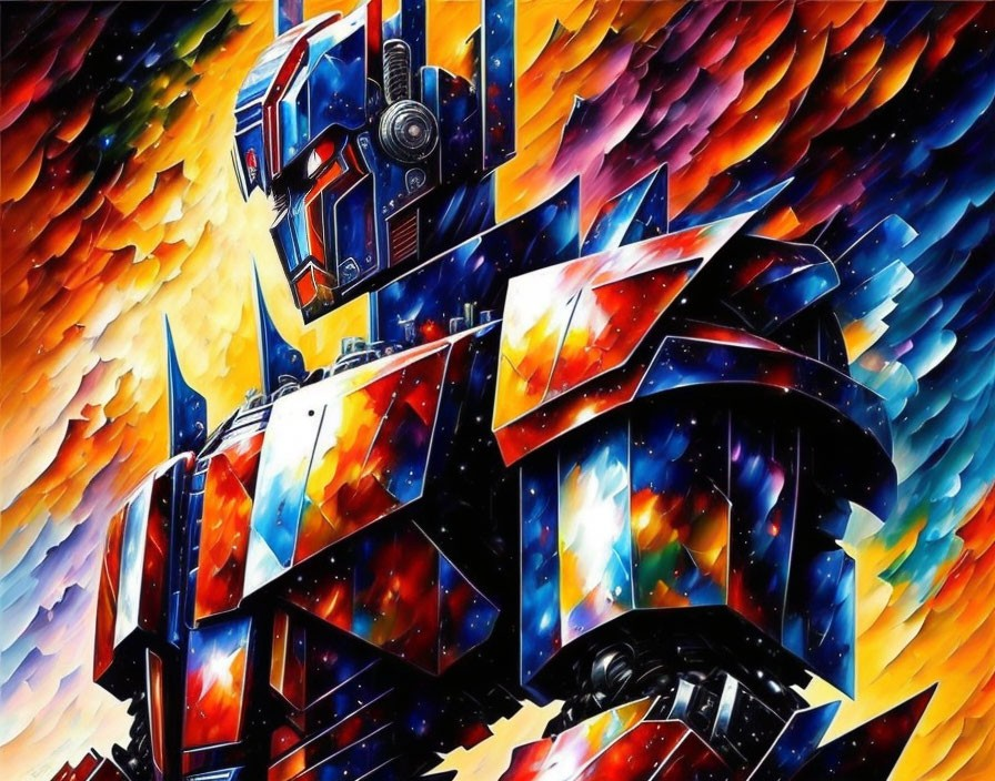 Vibrant robot artwork in fiery cosmic setting