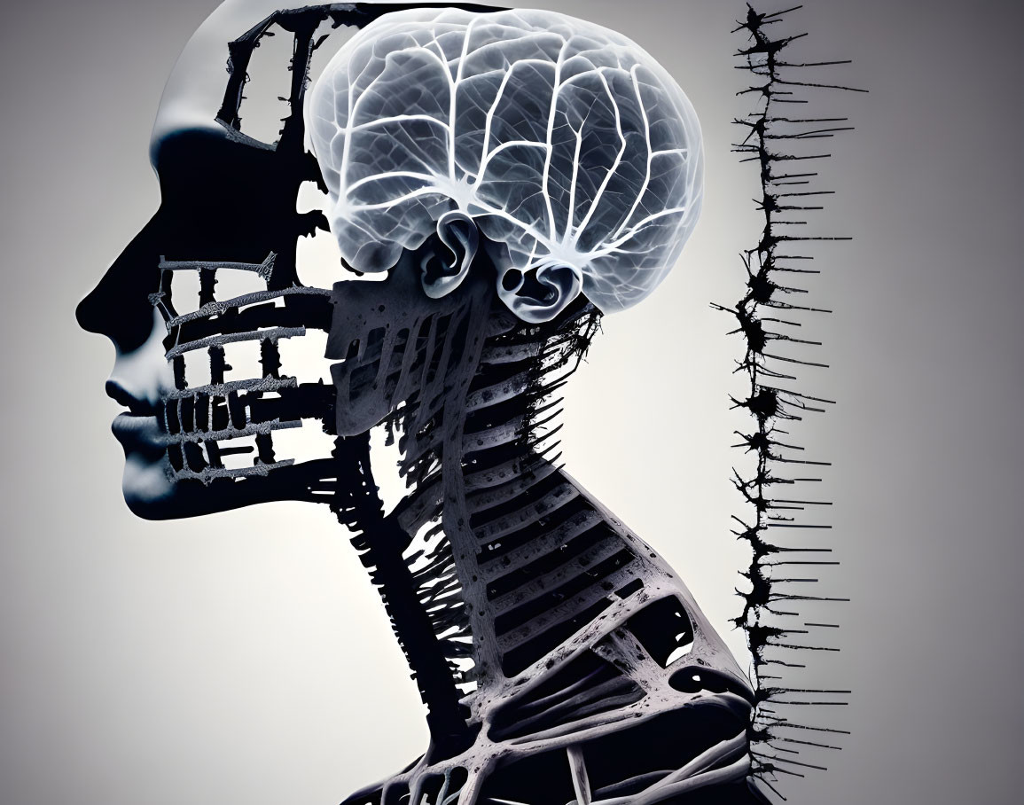 Human silhouette with brain, spine, and mechanical elements on gray backdrop