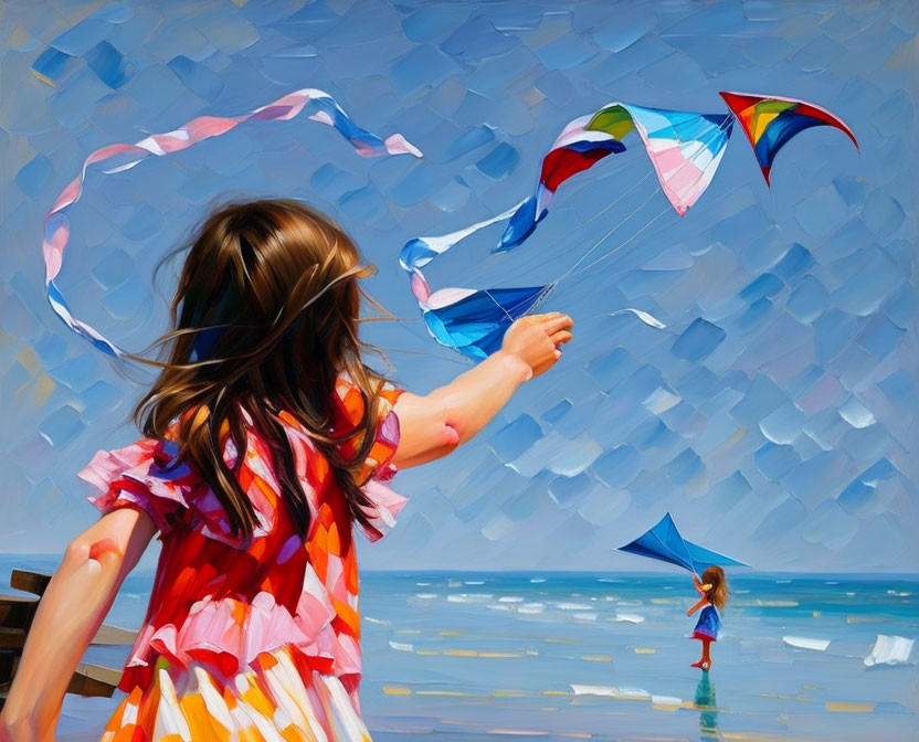 Young girl in colorful dress flying kite on sunny beach with distant child.