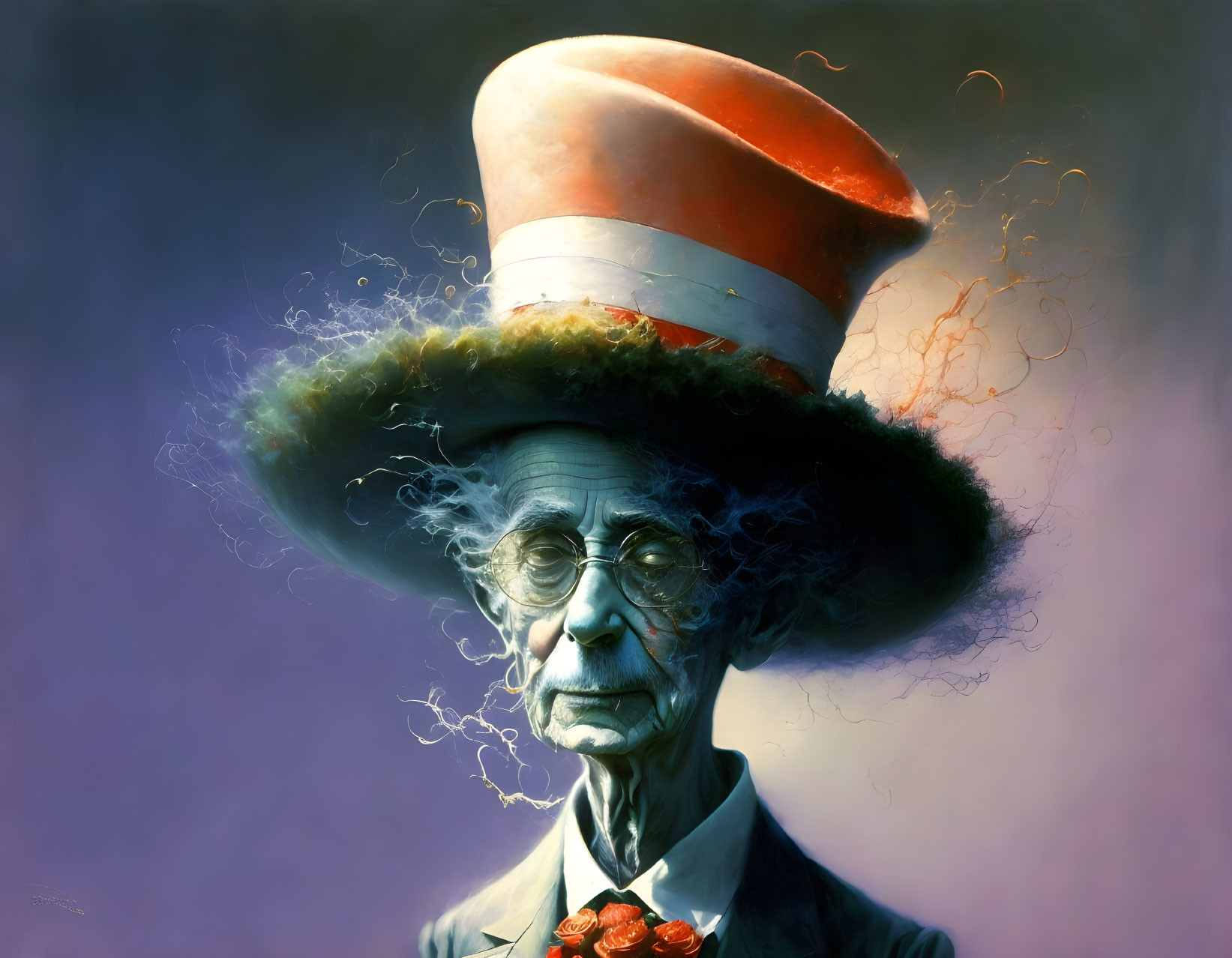 Surreal portrait: person with tall hat, glasses, pensive expression