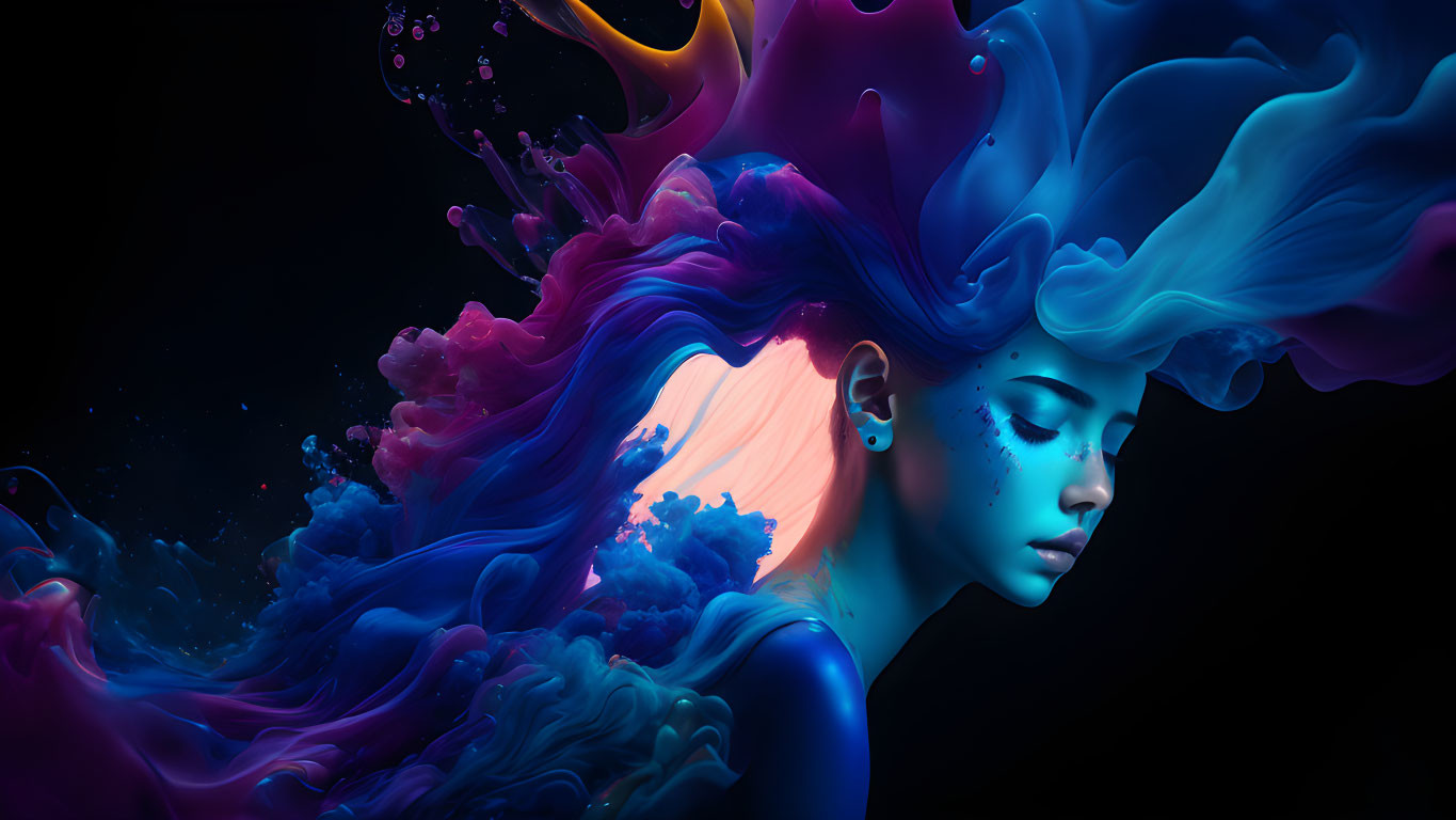 Vibrant digital artwork: woman's profile with flowing colorful hair splashing on dark background