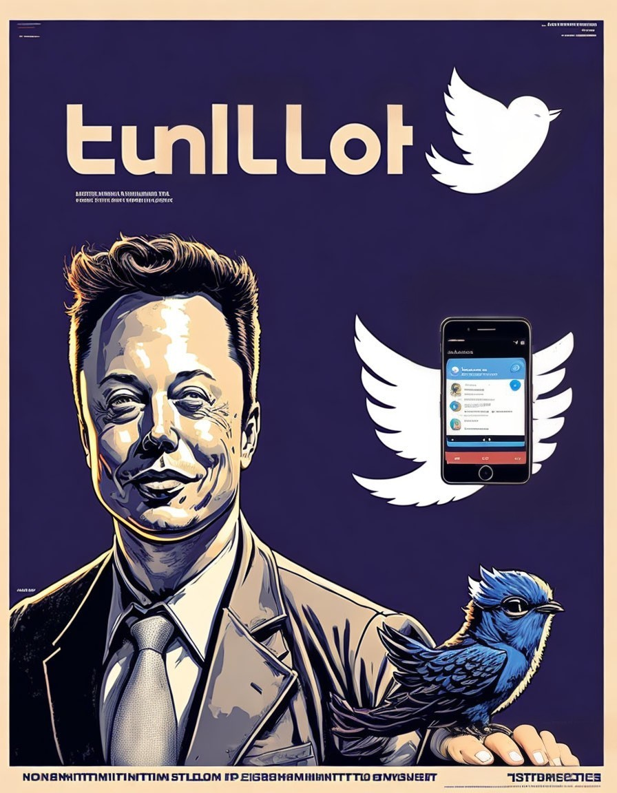 Stylized poster with man in suit, blue bird, Twitter icon, smartphone tweet, and crypt