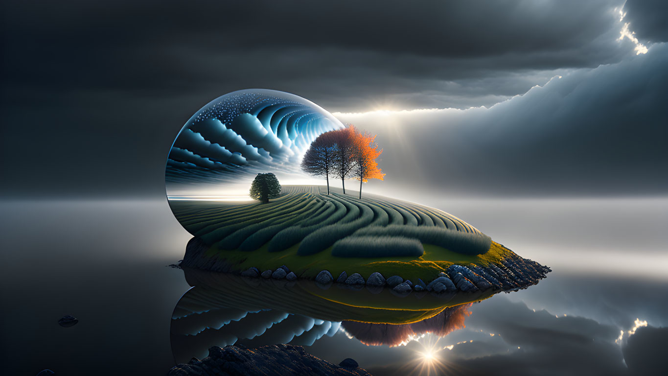 Surreal landscape with shell-like formation, tree, and dramatic clouds