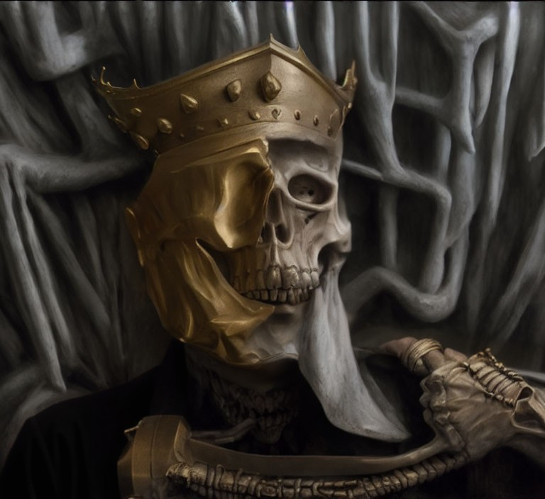 Skeletal figure with golden crown and scepter on dark, root-like background