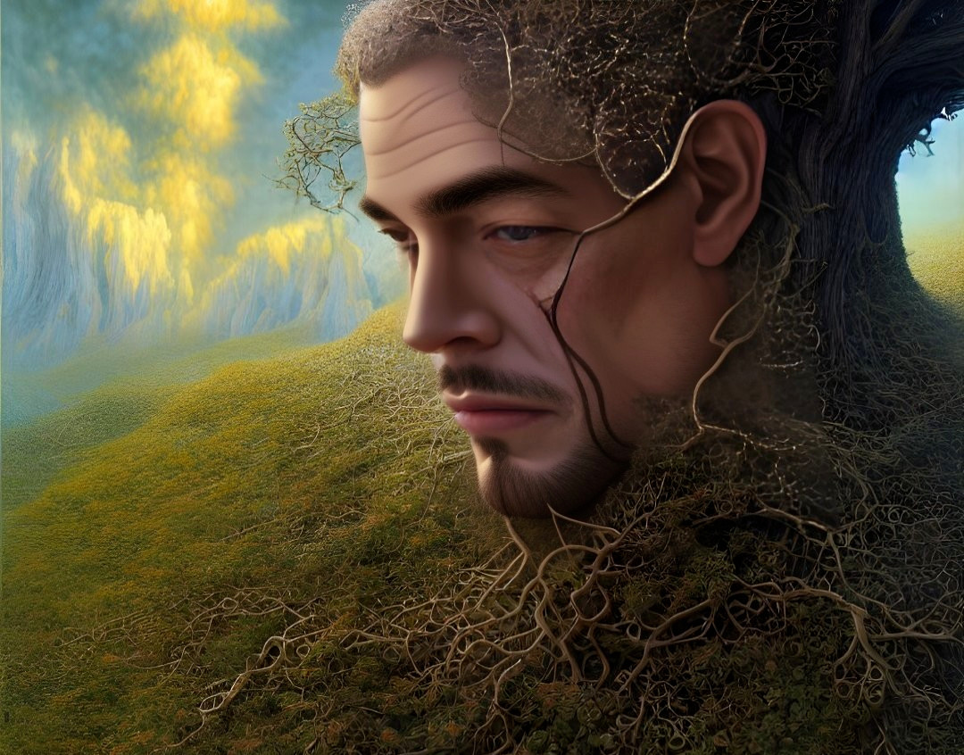 Man's face merges with tree elements in nature-inspired digital art