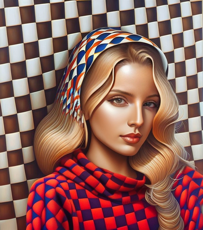 Blonde woman in checkered top and colorful headscarf on geometric backdrop