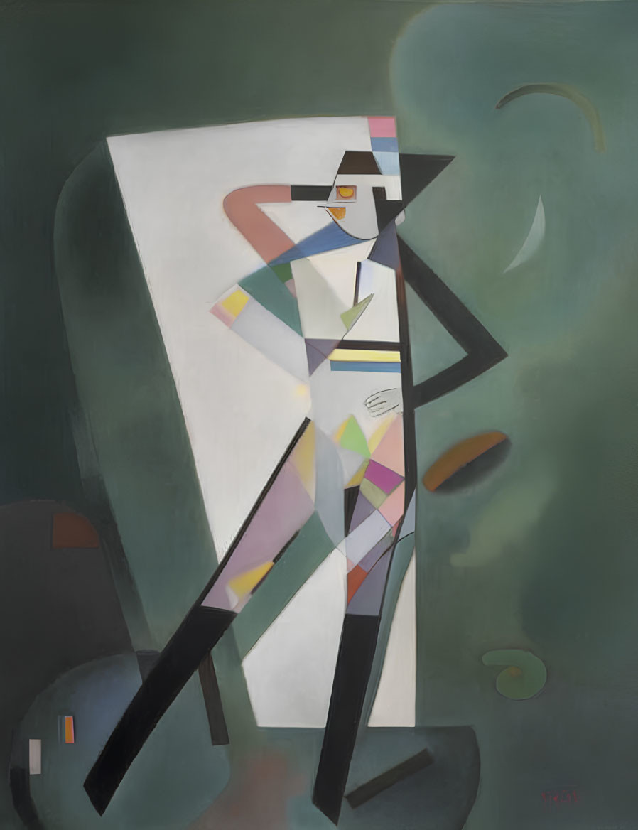 Geometric abstract painting of stylized walking figure with hat and cane on muted background