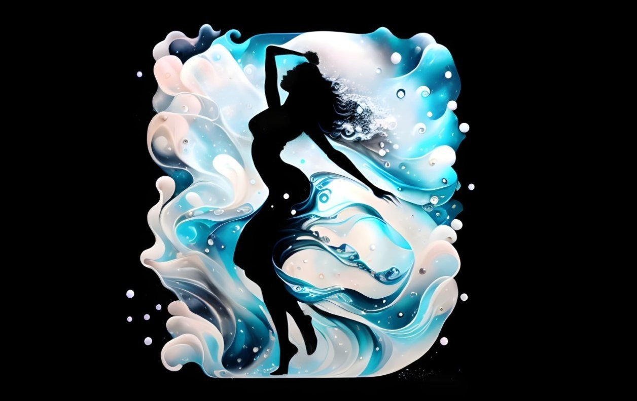 Abstract woman silhouette blending with blue and white fluid shapes on black.