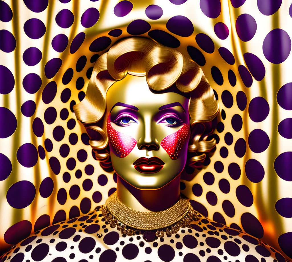 Stylized digital artwork of a woman with golden skin and red cheek accents