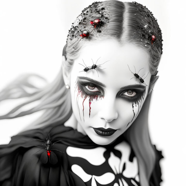 Monochrome image of person with dramatic makeup, fake blood, and spider motifs on plain background