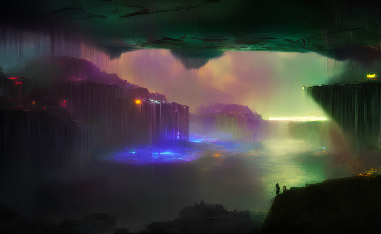 Surreal subterranean landscape with waterfalls, neon lights, and silhouettes.