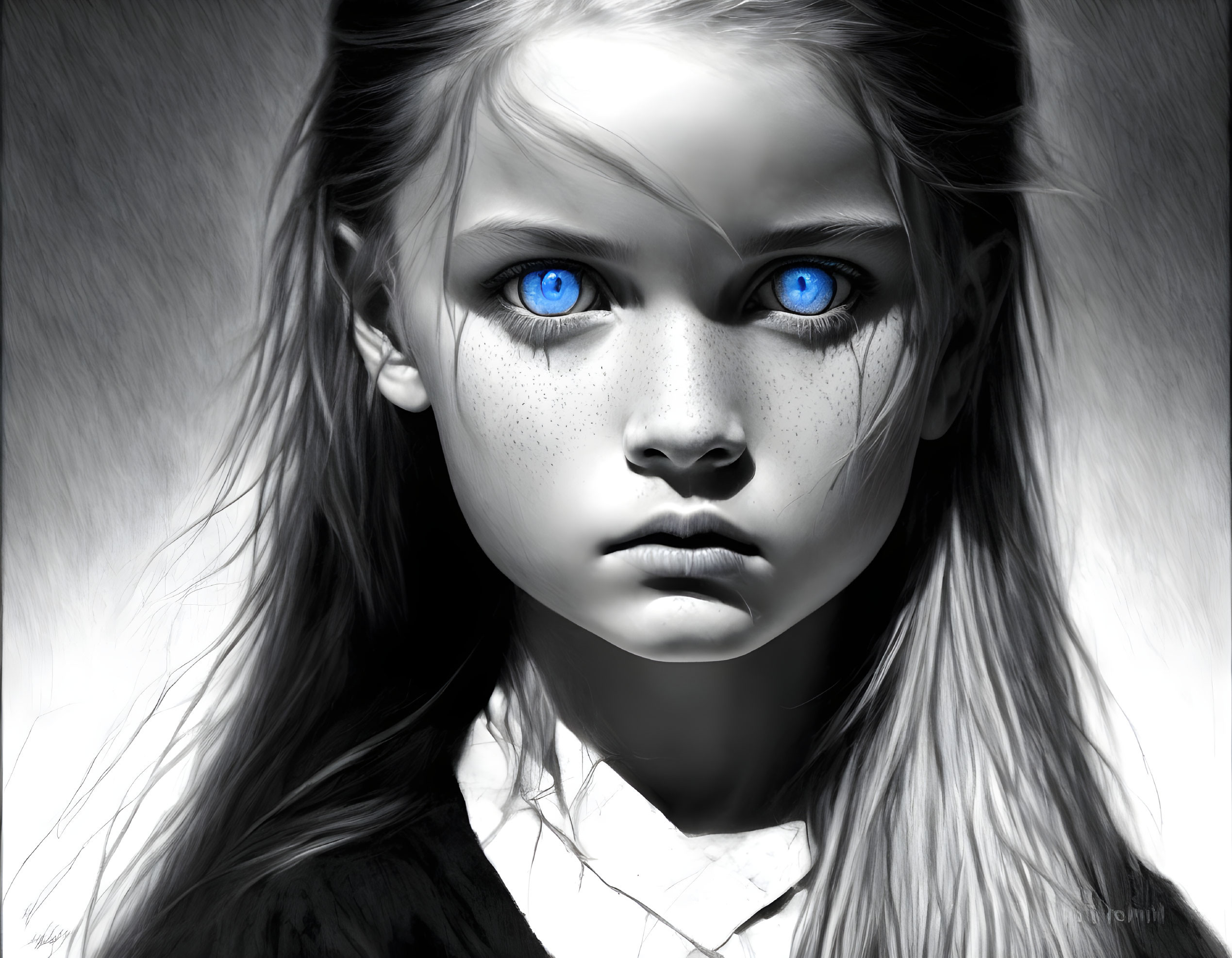 Monochromatic digital portrait of young girl with blue eyes and freckles