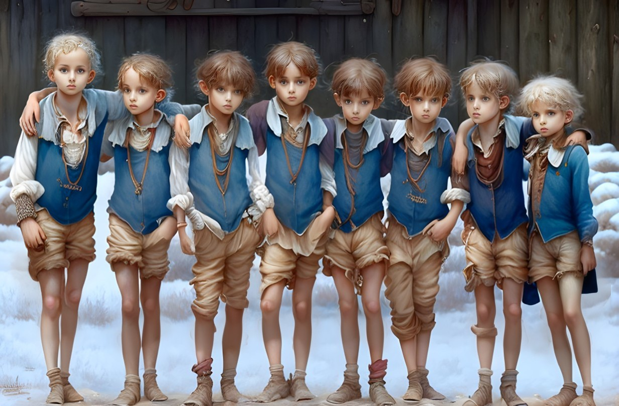 Vintage Outfits: Eight Children in Solemn Pose Against Rustic Background