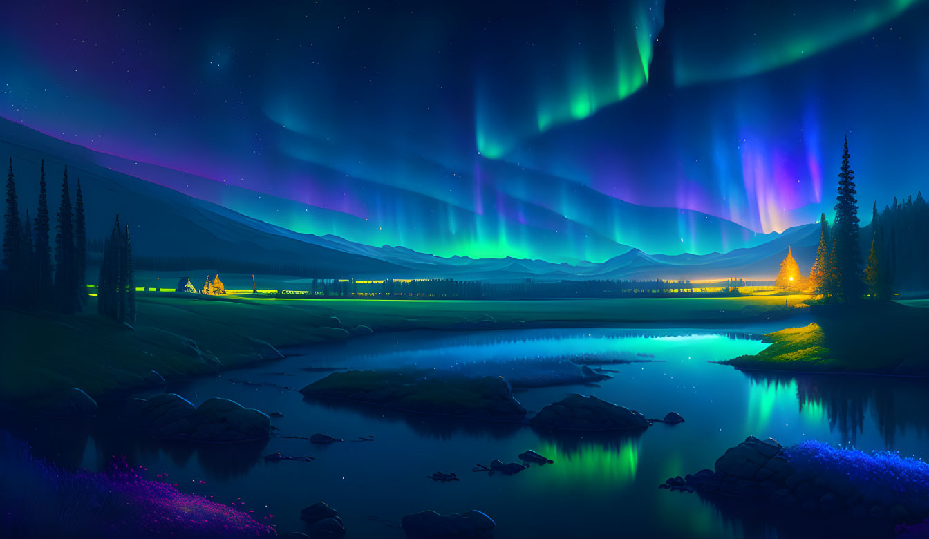 Digital Artwork: Aurora Borealis Over Serene Landscape