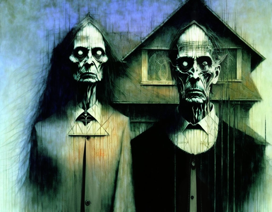 Dark characters in suits at eerie house background