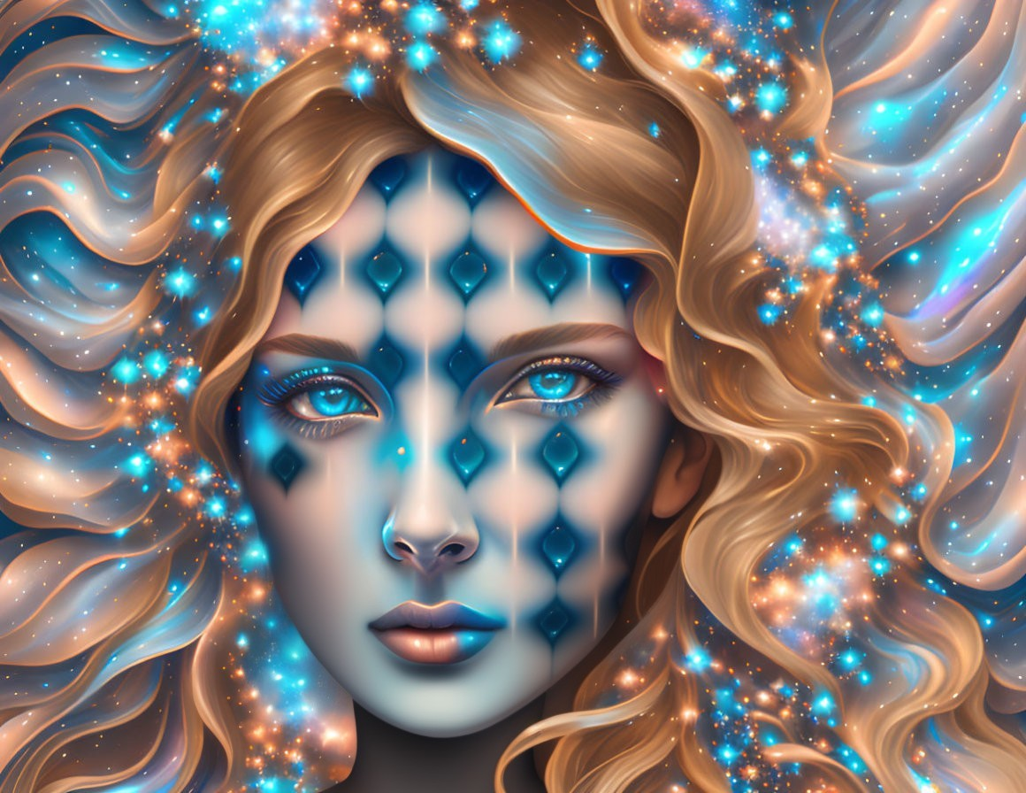 Starry woman portrait with cosmic blues and golden swirls