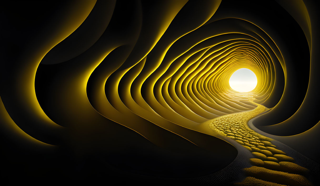 Abstract image of yellow arches in tunnel with central light