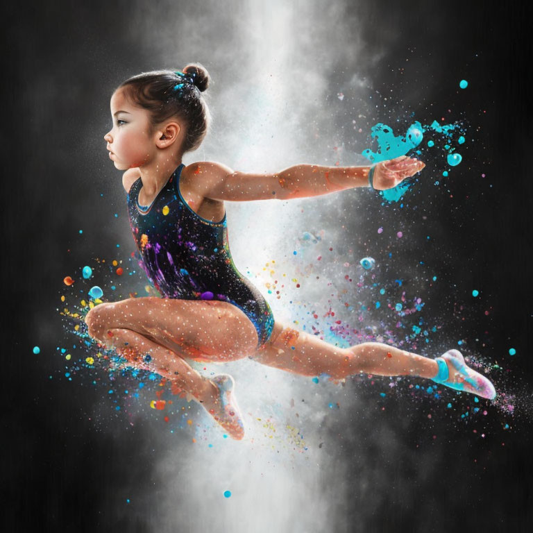 Young gymnast split jump with colorful chalk dust on dark background