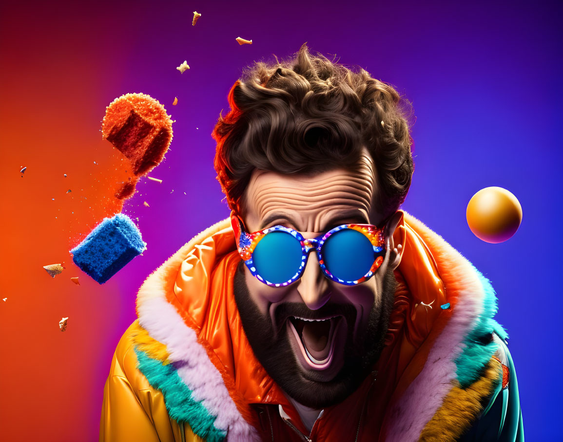 Bearded man in colorful sunglasses screams against vibrant background