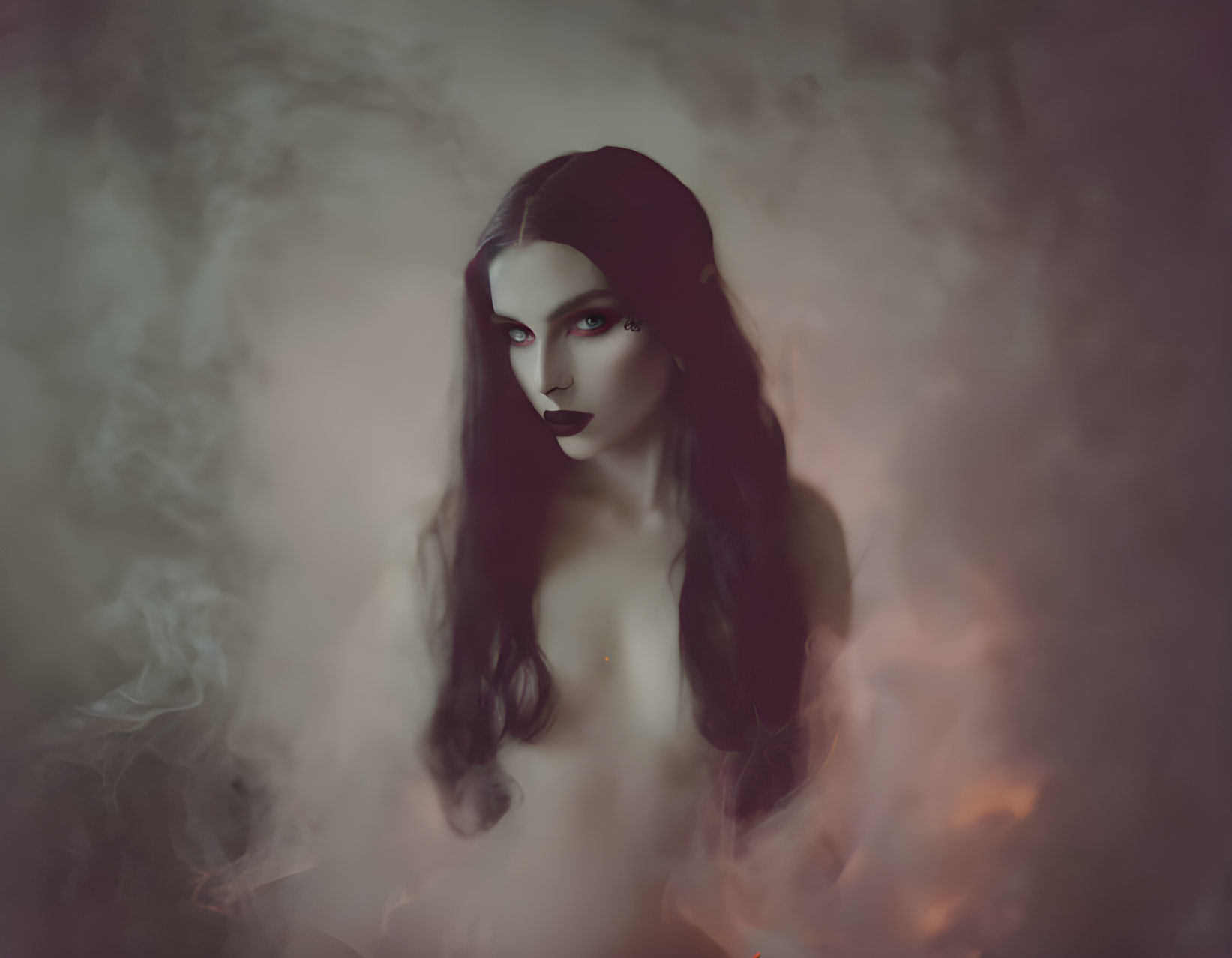 Dark-haired woman with striking makeup emerges from mist