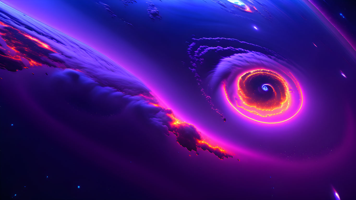 Colorful digital artwork: swirling cosmic vortex in blue, purple, and orange.