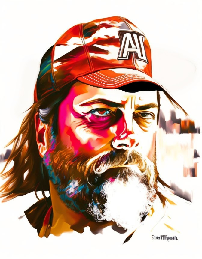 Vibrant digital portrait of a bearded man in cap with 'A' logo