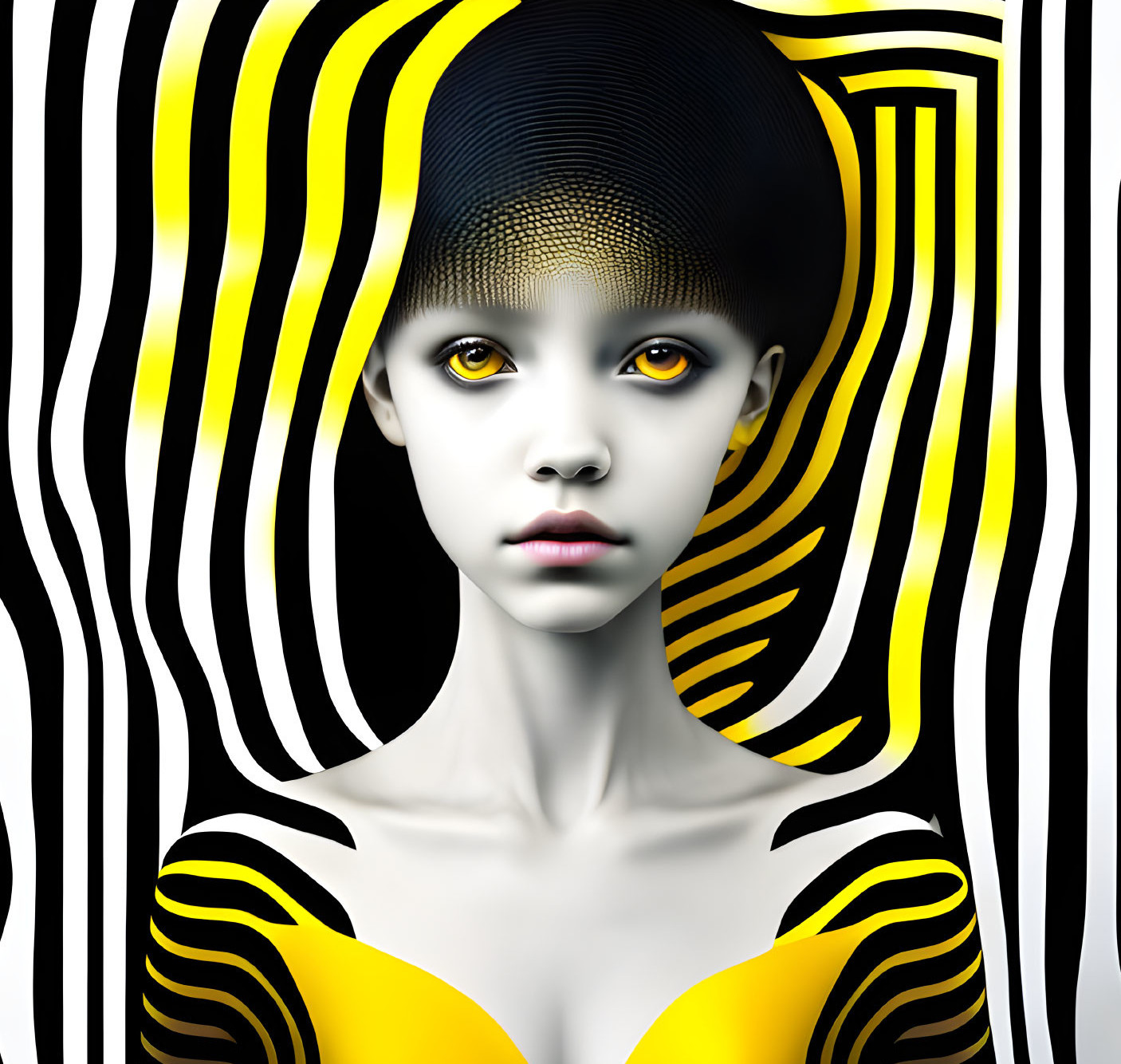 Monochrome digital art of female figure with black and white stripes and yellow accents